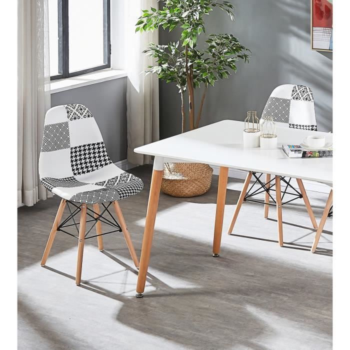 Lot de 2 Chaises en Tissu Patchwork et Métal Noir - Noir & Blanc