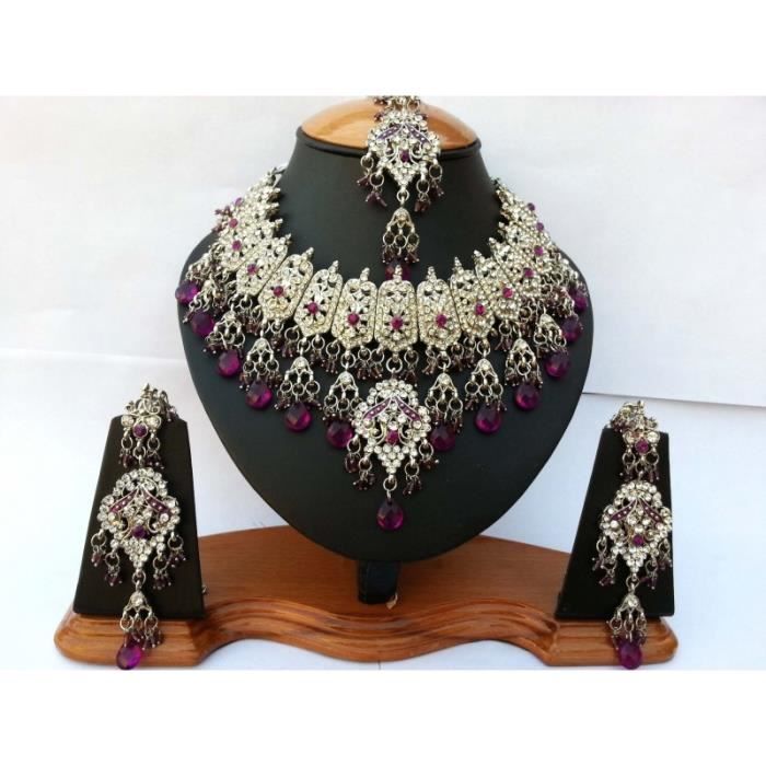 Parure bijoux indienne 4 Pièces Argenté & VIOLET