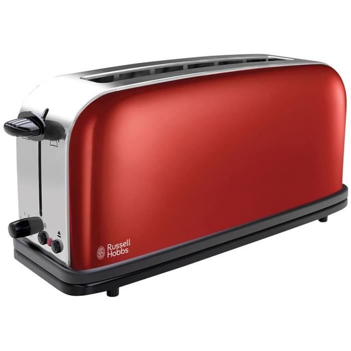 Russell Hobbs Toaster Grille-Pain, Fente Large Spécial Baguette, 6 Niveaux de Brunissage, Décongèle, Réchauffe - Rouge 21391-56 Colo
