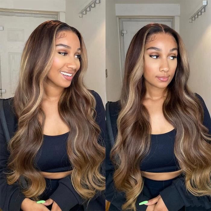 28'' Perruque Lace Front Wig Body Wave Brésilienne Remy Cheveux Naturels Brun Ombré T Partie