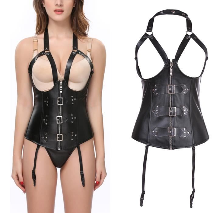 Sexy en cuir Vintage licou solide Corset charmant Overbust attrayant à lacets Tri-glide COMPRESSION TOP - COMPRESSION T-SHIRT