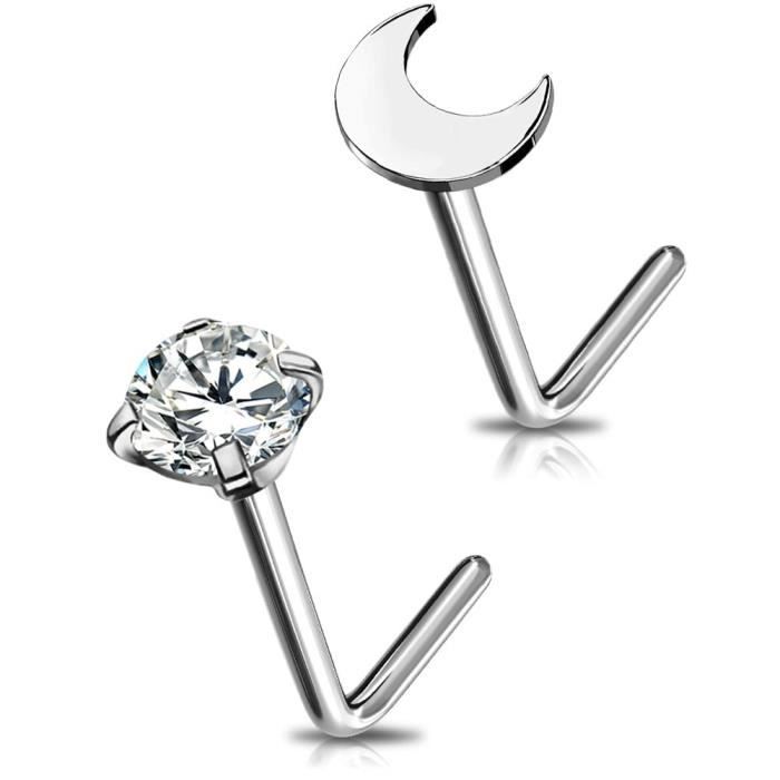 OUFER 2pcs Piercing Nez 20G Titane Solide G23 Lune Nez Stud Piercing Nasal Hoop Clear CZ Piercing Bijou Corps Femme Homme