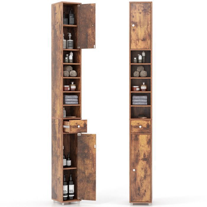 COSTWAY Meuble Colonne de Salle de Bain avec 2 Placards à Porte 1 Tiroir et 5 Étagères Réglables 20 x 20 x 180 cm Marron