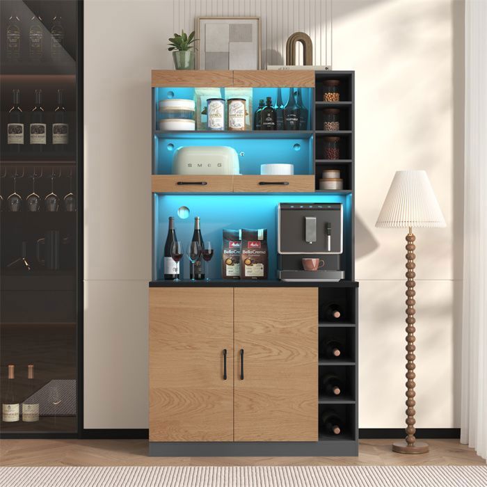 Buffet Cuisine Rangement Buffet Haut Salle a Manger avec LEDVaisselierTrou pour CâbleÉtagèresBois NaturelGris100x47x187cm