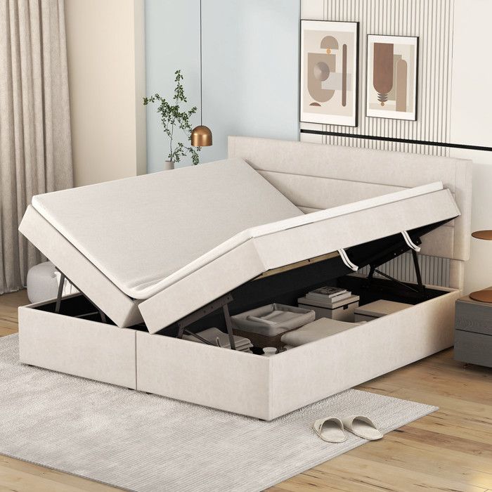 Lit double 140x200 cm lit adulte avec sommier métallique lit rembourré avec espace de rangement beige