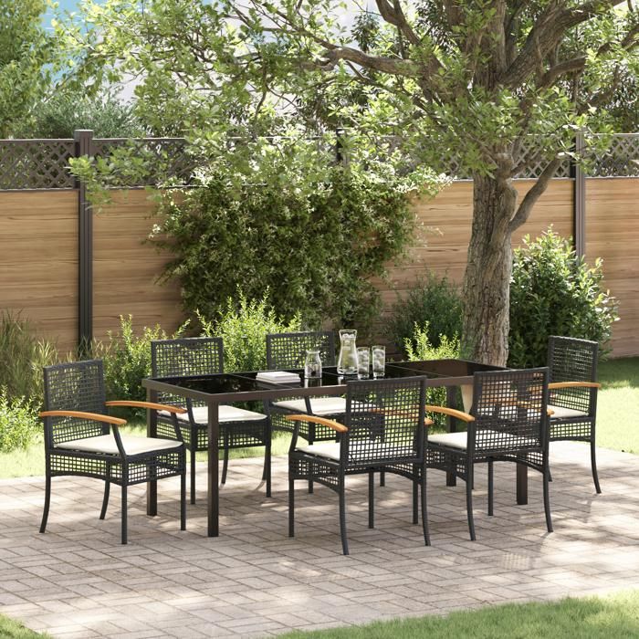 vidaXL Ensemble de salle à manger de jardin 7 pièces avec coussins noir poly rattan 3380818