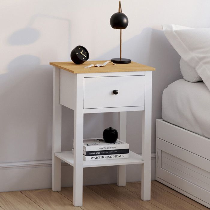 IDMARKET Lot de 2 tables de chevet ACHILLE 1 tiroir et 1 tablette blanc et plateau bois IDMARKET Lot de 2 tables de chevet ACHILLE 1 tiroir et 1 tablette blanc et plateau bois