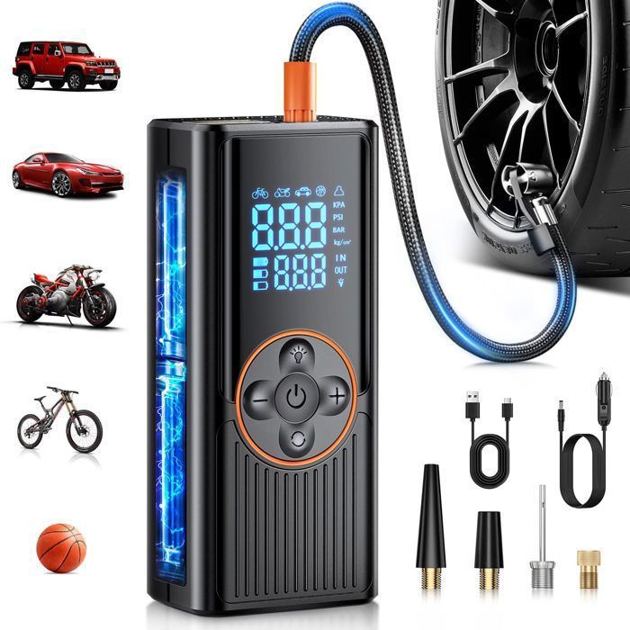 Gonfleur Pneu Voiture Sans Fil Compresseur à Air Portatif 150psi - avec Éclairage - Double Écran LCD - 8000mAh - Arrêt intelligent
