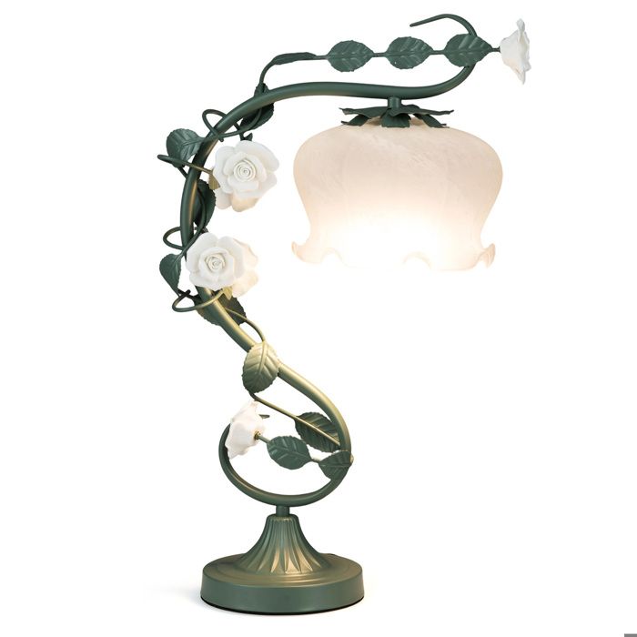 Lampe de Table LED Vintage COSTWAY-Abat-jour en Verre Forme de Muguet-6 Roses en Céramique Feuilles en Métal-E27 60W-Interrupteur