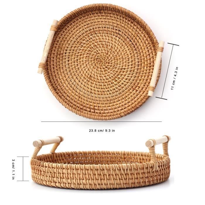 Plateau rond en rotin - 24 cm - Tissé à la main - Poignée en bois - Osier - Panier à pain