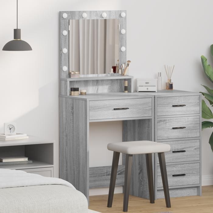 Coiffeuse moderne avec lumière LED - vidaxl - Gris Sonoma - 50x41x135 cm - Lumière LED blanc froid - Tiroirs spacieux