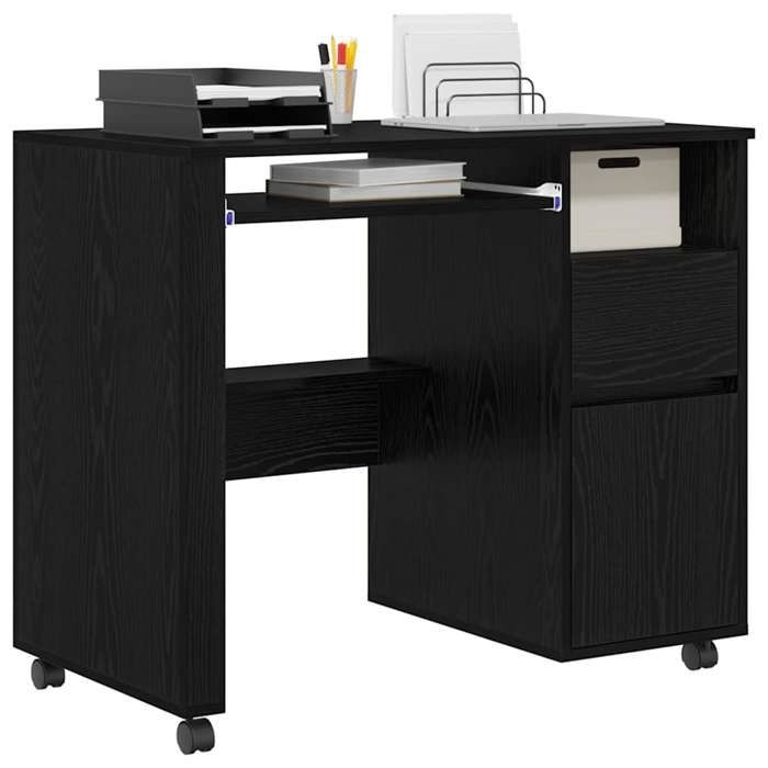 Bureau sur roulettes - CLARENCE - Chêne noir - 91x50x77 cm - Bois dingénierie - Avec tiroir - 1 étagère - 4 roues