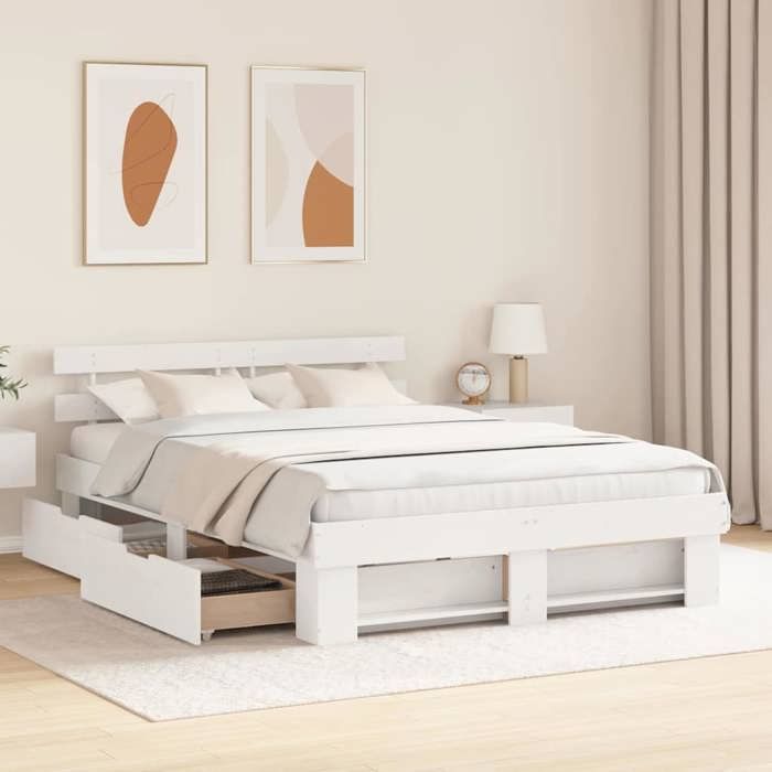 Structure de lit en pin massif - UU - 160x200 cm - Blanc - Tête de lit - Pin massif - Rangement intégré - Hauteur 31 cm