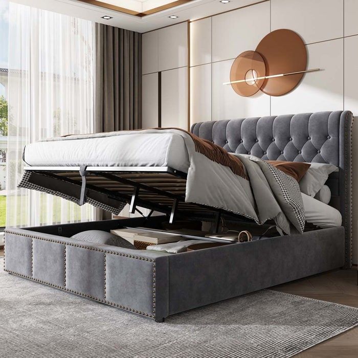 Lit coffre - 180 x 200 cm - Velours - Avec espace de rangement - Gris