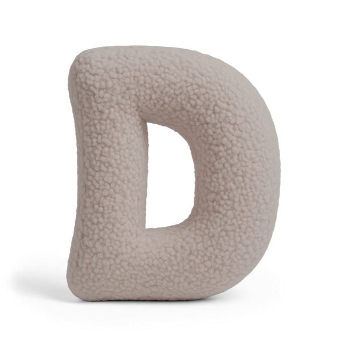 Coussin lettre personnalisé - BEARLY D Gris Clair - peluche ultra douce - personnalisable lettre/prénom - Oeko-Tex