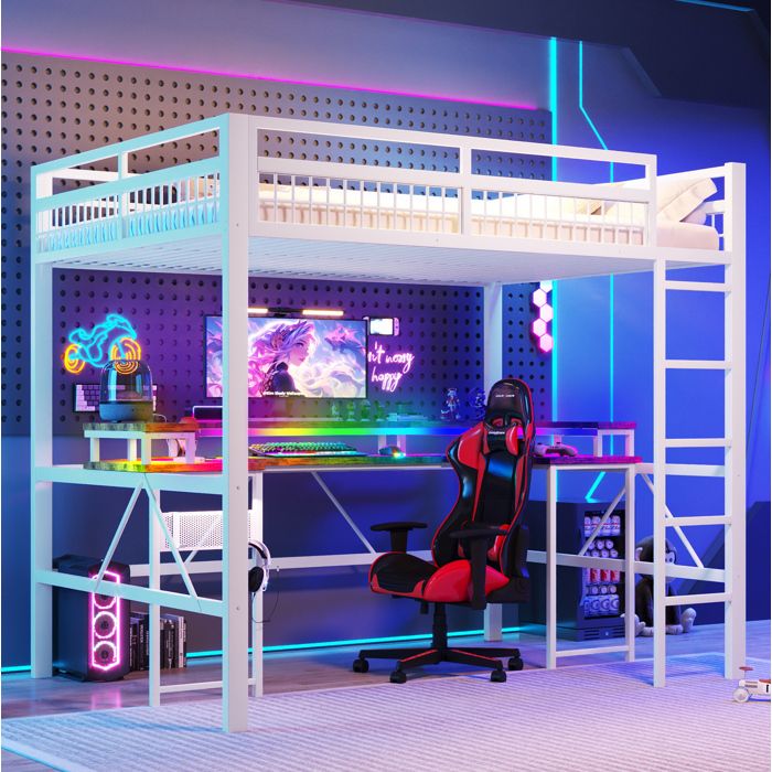 Lit mezzanine 140 x 200 cm EVRYAE avec bureau intégré LED multicolore USB USB-C 2 prises panneau perforé blanc