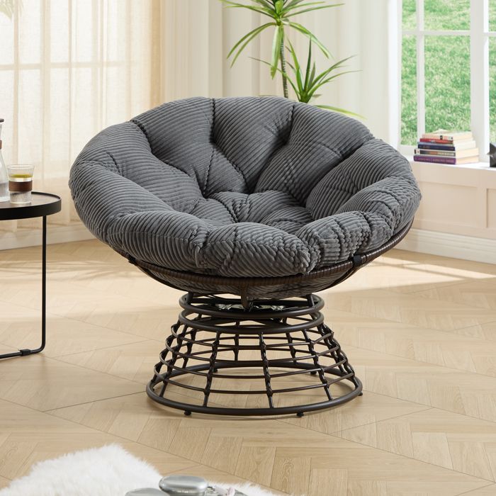 Fauteuil Papasan Pivotant en Velours Côtelé Chaise de Jardin avec Coussin pour Salon Balcon et Chambre - 92x92x67cm - Gris
