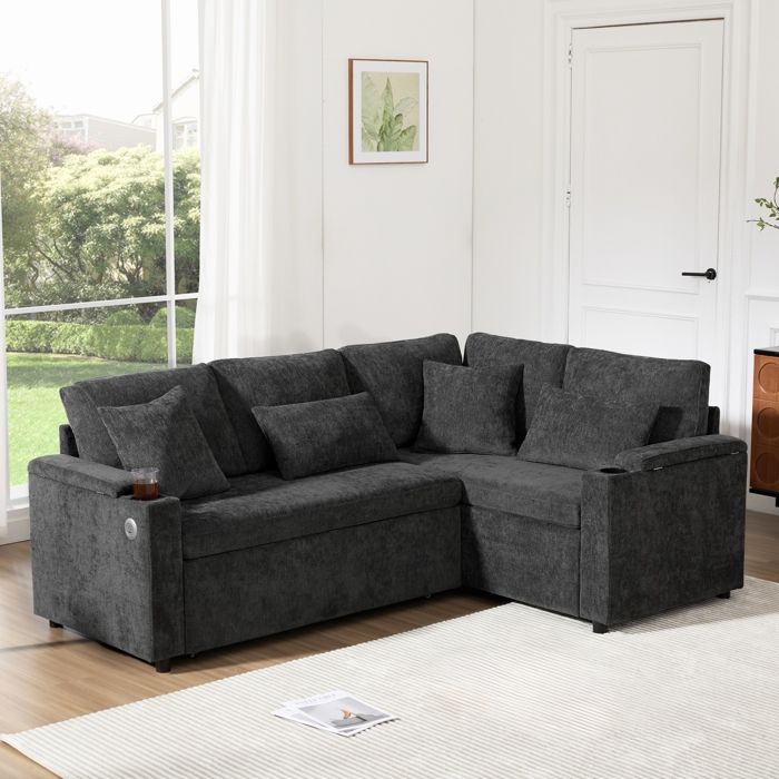 Canapé dangle extensible en L convertible en chaise longue avec porte-gobelets port USB tablette dappui coussins gris foncé