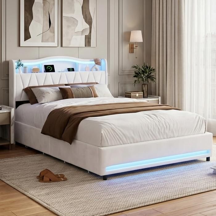 Lit Coffre 140x200cm en Velours Beige  Rangement Tête de Lit avec LED RGB  4 Tiroirs de Lit  Sommier à Lattes Inclus