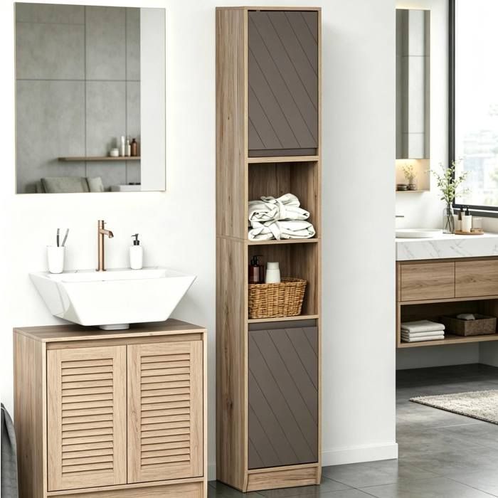 JOINERY Meuble colonne salle de bain 30x24x170cm 6 niveaux rangement étroit 2 portes 2 compartiments - bois gris chêne
