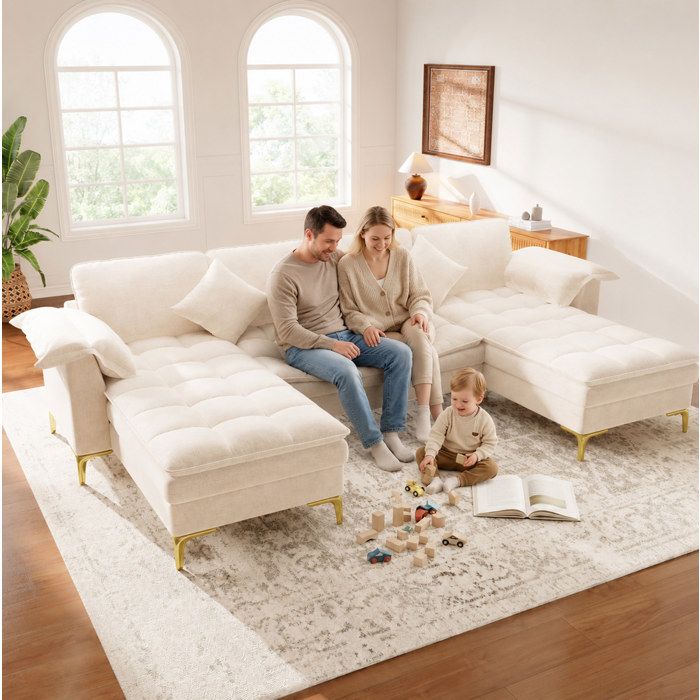 Canapé dangle modulable en U 4 places 2 chaises longues chenille beige pieds métal doré 262 x 134 x 86 cm