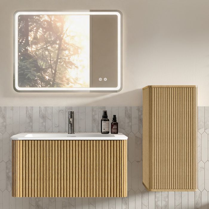 Ensemble de salle de bain - Moderne - Meuble vasque mural 80 cm - Miroir LED antibuée réglable - Finition chêne
