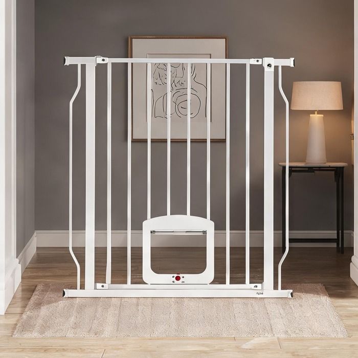 Barrière extensible 75-85 cm avec trappe pour chat - Blanc - Acier/ABS