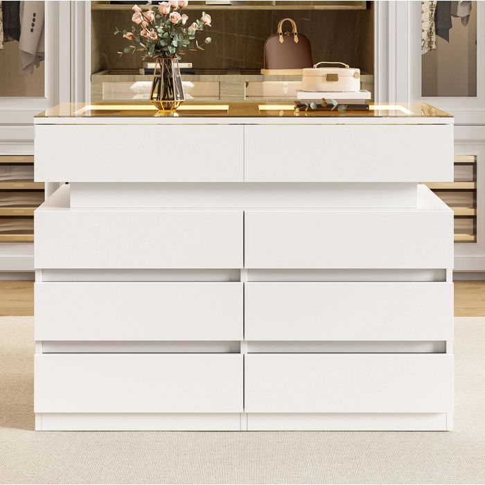 Commode 8 Tiroirs Blanche Verre Meuble De Rangement LED FloraGrace Pour Chambre Ou Dressing Anti-Basculement 100x45x76cm
