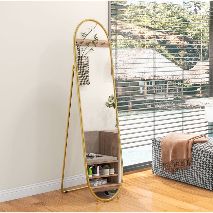 Miroir sur pied doré 40 x 41 x 160 cm ovale cadre métallique verre anti-éclats sans montage avec support