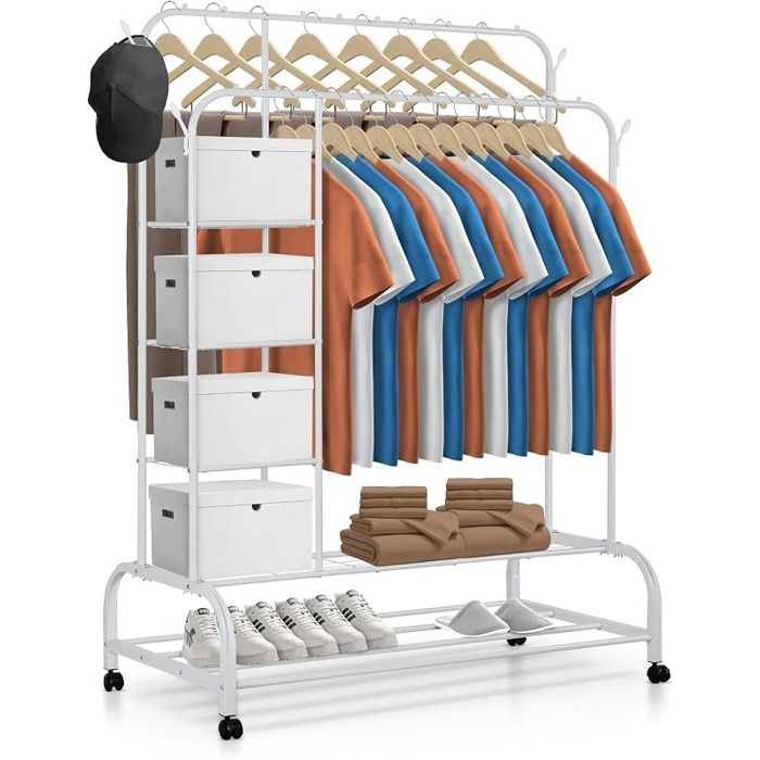 Portant à Vêtements Solide à Roulettes avec 4 Étagères  Penderie Vetement Dressing sur Pieds  Charge Avec Roulettes Blanc.