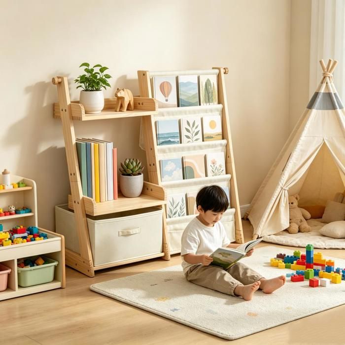 PEACHES Présentoir d’albums Rangement pour jouets pour espace d’apprentissage salon 30*80*40cm bois naturel