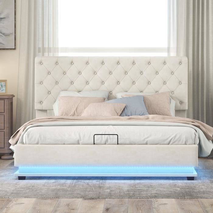 lit hydraulique avec rangement, lit rembourré avec lumières led de différentes couleurs, beige, 140x200 cm, sans matelas