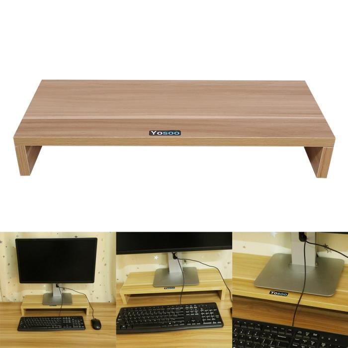 Support Bois Pour Écran PC / TV - 50x20x7,7 Cm - Noir - Rehausseur Bureau Ergonomique Avec Rangement
