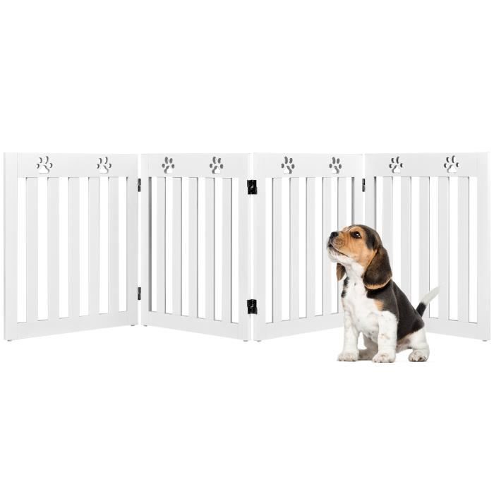 Comparer les prix de GYMAX Barrière de Sécurité Pliable, en Bois, avec 4 Panneaux, Charnières Flexibles à 360°, pour Chiens/Chiot/Lapin, 203x60CM, Blanc