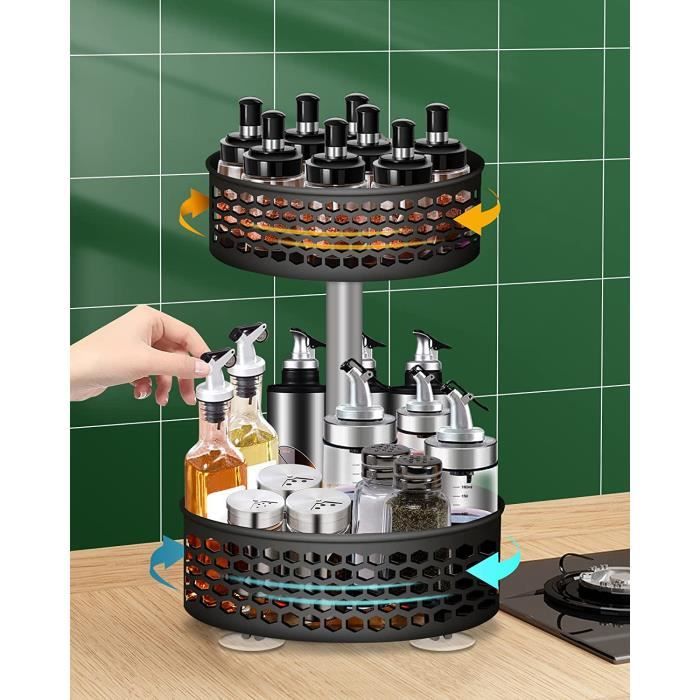 Lazy Susan 2 Niveaux Réglable En Bois – Plateau Tournant 30,5 Cm Étagère Épices, Cuisine, Salle De Bain, Organisateur Rotatif Susan Bois Chêne 360 Degrés Rangement
