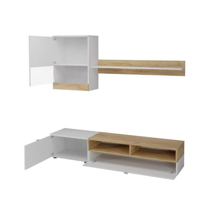meuble tv - loungitude - robin - blanc / bois - contemporain - design - avec étagère et colonne murale