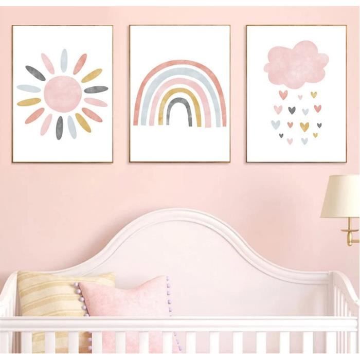 3 Affiches Chambre Fille Rose Arc en Ciel Soleil Nuage Poster Bebe 20x30  Toile Tableau Decoration Murale Enfant Cadeau sans Cadre - Cdiscount Maison