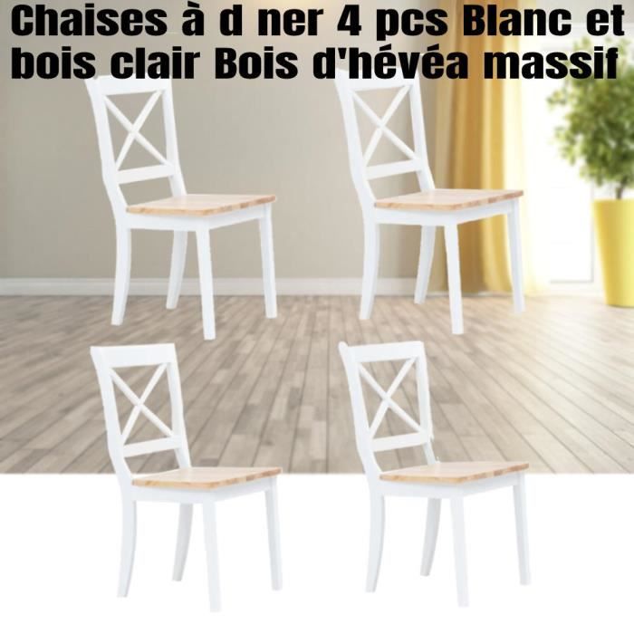 chaises de cuisine - belleshop - blanc et bois clair - bois d'hévéa massif - lot de 4