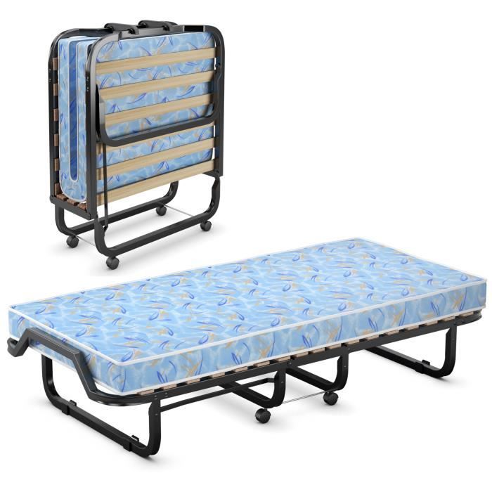 costway lit pliant sur roulettes, 90 x 200 x 41 cm, lit d'appoint avec matelas en mousse 10 cm pour maison et bureau, bleu