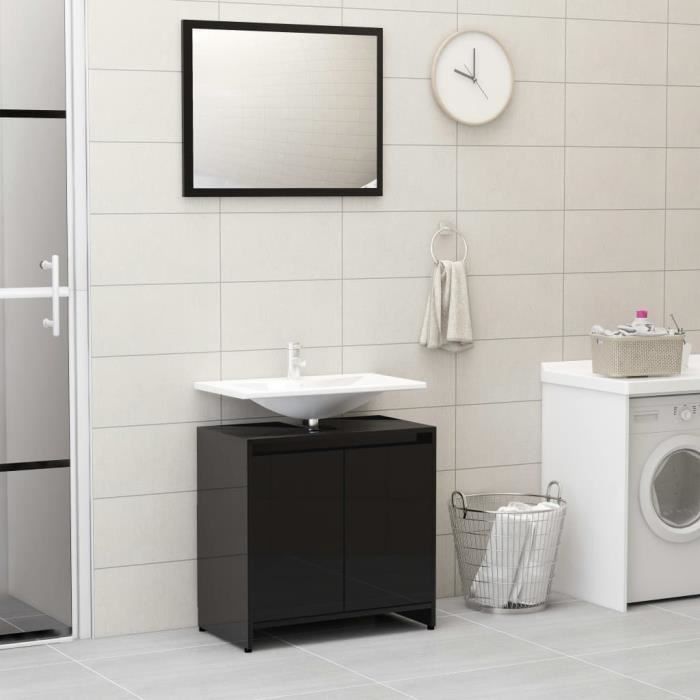 Meuble Salle De Bain Avec Lavabo 60cm - Plan Suspendu Et 2 Porte-serviettes - Blanc Et Noir - Robinet Inclus