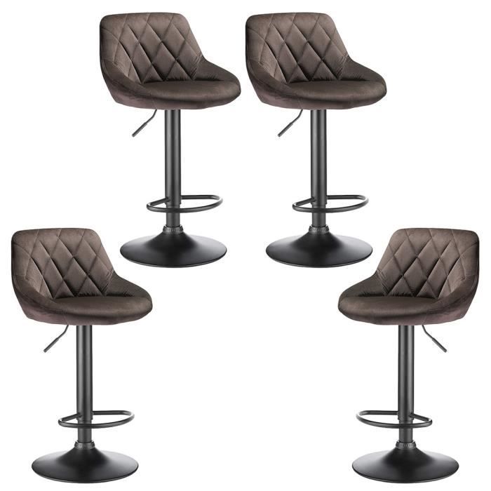 tabouret de bar errolves® (lot de 4) - chaise de cuisine marron - réglable en hauteur - velours et métal