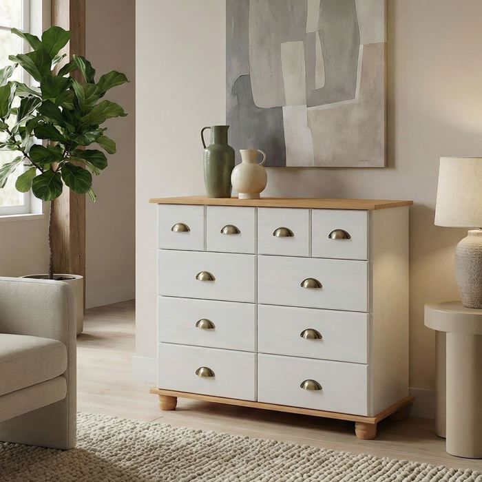 Buffet salle à manger COLMAR en bois L 92 cm blanc et brun avec 8 tiroirs spacieux poignées coquille finition élégante Buffet salle à manger COLMAR en bois L 92 cm blanc et brun avec 8 tiroirs spacieux poignées coquille finition élégante
