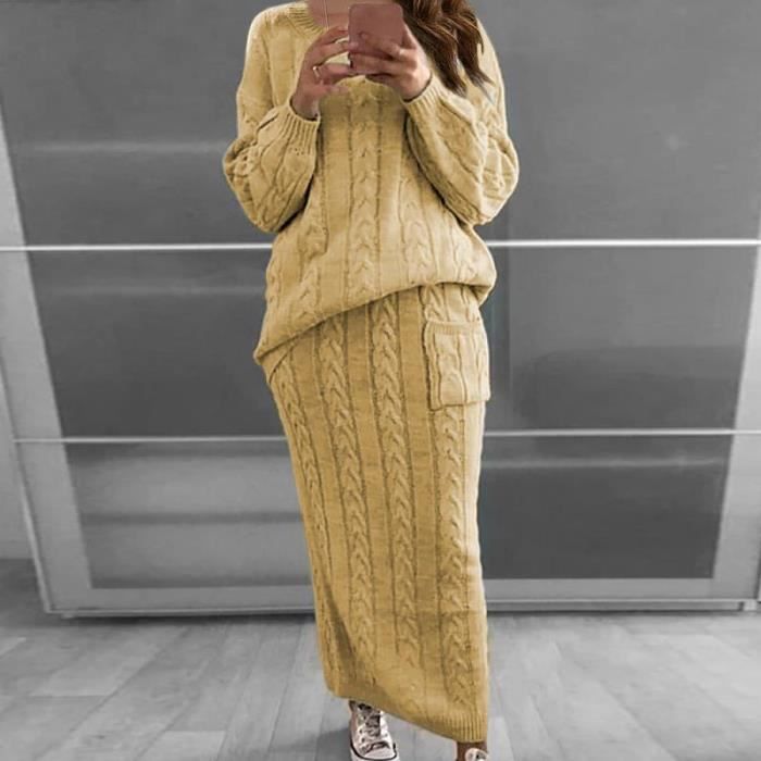 Robe Ensemble 2 pieces tricote pour femme pull a manches longues couleur unie decontracte chaud hiver Yellow C865