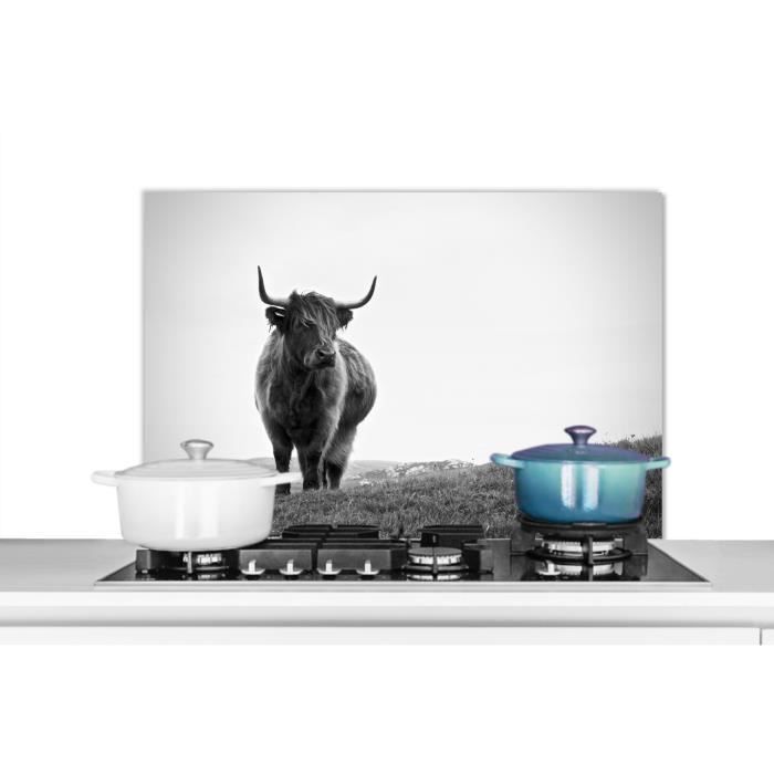 Crédence De Cuisine En Aluminium 90x60 Cm - Impression Highlander écossais (noir Et Blanc) - Protection Anti-éclaboussures