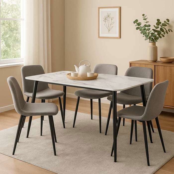 Table à manger rectangulaire 4 - 6 places dimensions 140 x 80 cm en finition stratifié aspect marbre blanc - DIVA