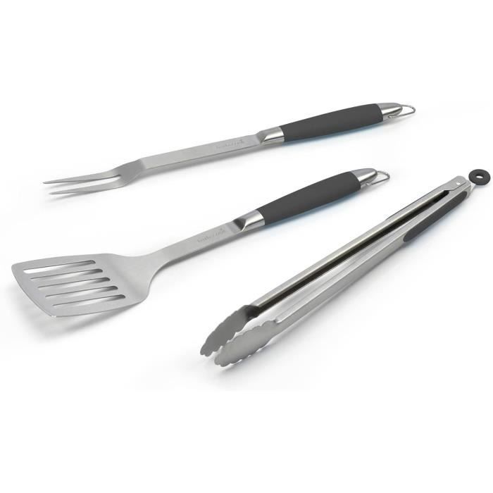 Set De 3 Ustensiles De Barbecue Neka - Fourchette, Spatule, Pince - Manche Plastique, Inox - Longueur 40-42 Cm