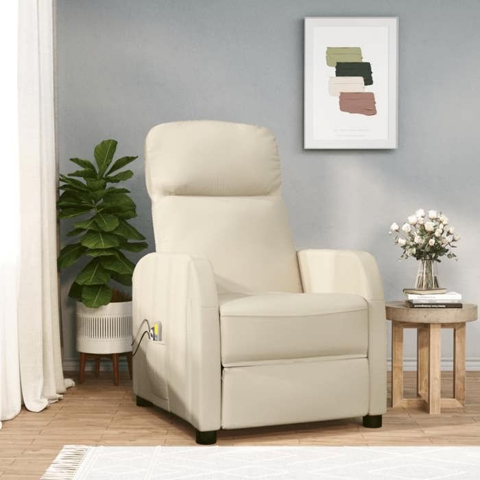 VidaXL Fauteuil Inclinable De Massage Électrique, Chaise De Relaxation Avec Dossier Et Repose-Pied Réglables, Siège De Salon Salle De Séjour, Crème Tissu