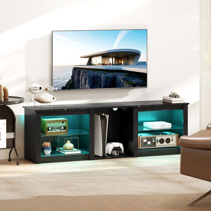 Meuble TV moderne - Meuble TV noir avec 2 portes et étagères de