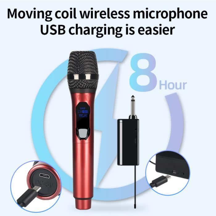 Micro Rouge 2 Micro rouge-Microphone sans fil de charge USB, 8 heures, 2 canaux ...