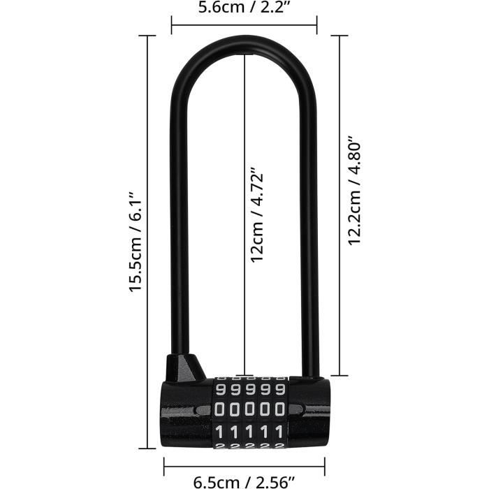 Antivol Velo à Code à 5 Chiffres Réinitialisable Anse de 15,5 cm de Long Étanche pour l